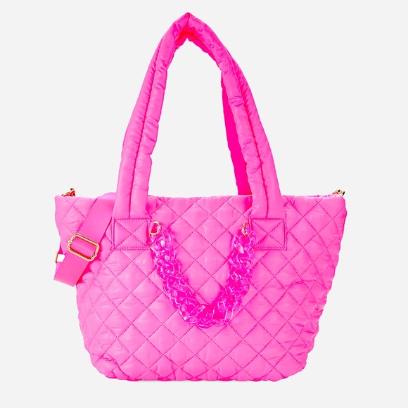 Jill + Ally Handbags - JILL+ ALLY PINK QUILTED NYLON TOTE WITH CHAIN NWT